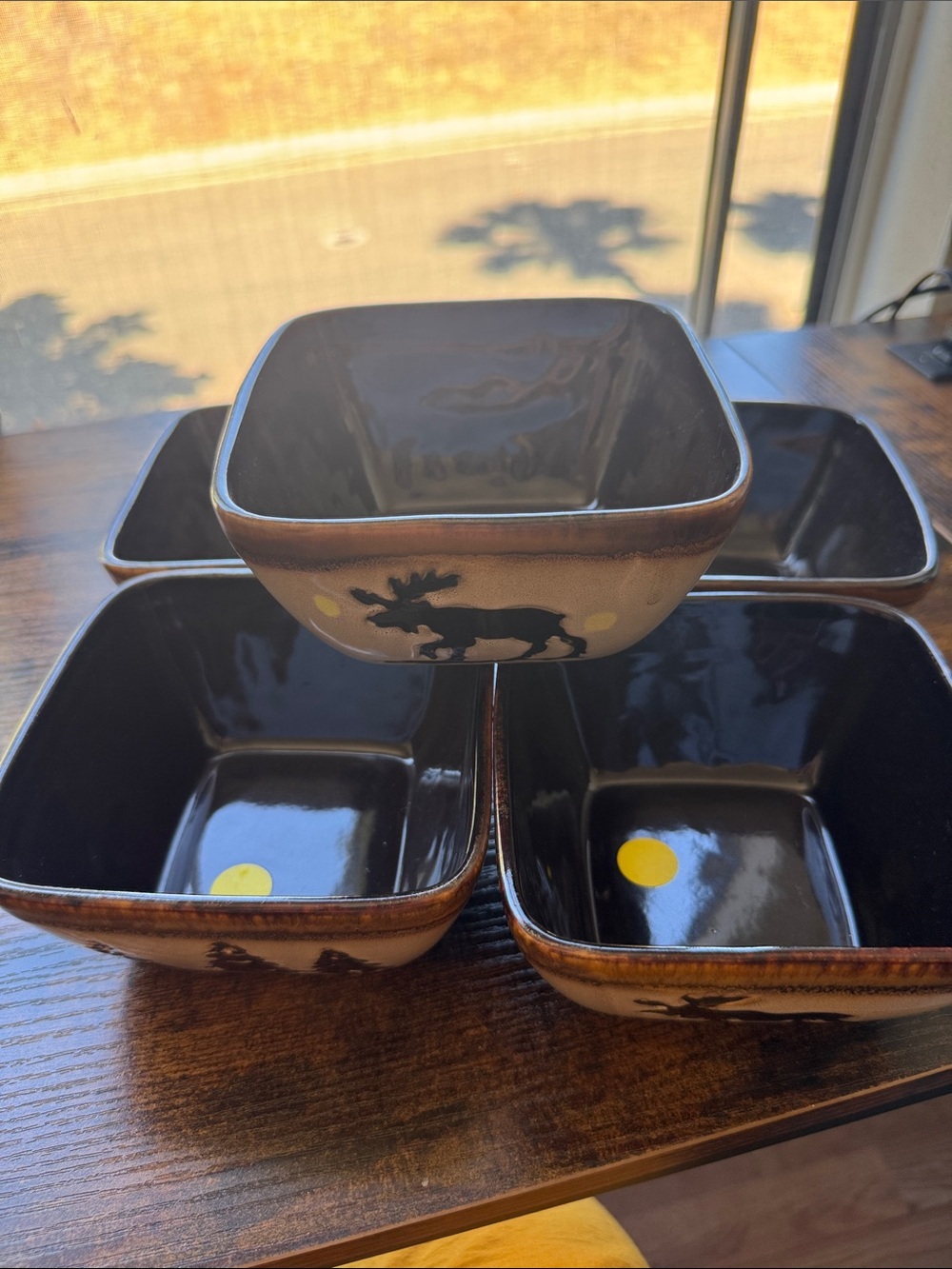 Moose Motif Brown Stoneware Serving Bowls - Set of 5